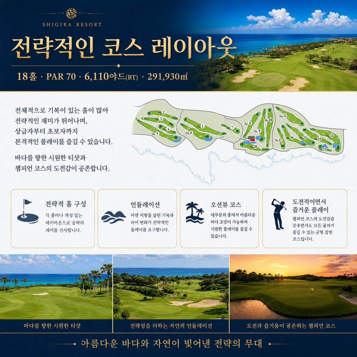 시기라베이 전략적인 코스 레이아웃(18홀 · 파70 · 6,110야드)