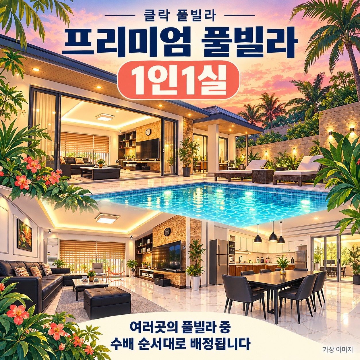 클락 프리미엄 풀빌라 1인 1실 — 야간 수영장과 주방