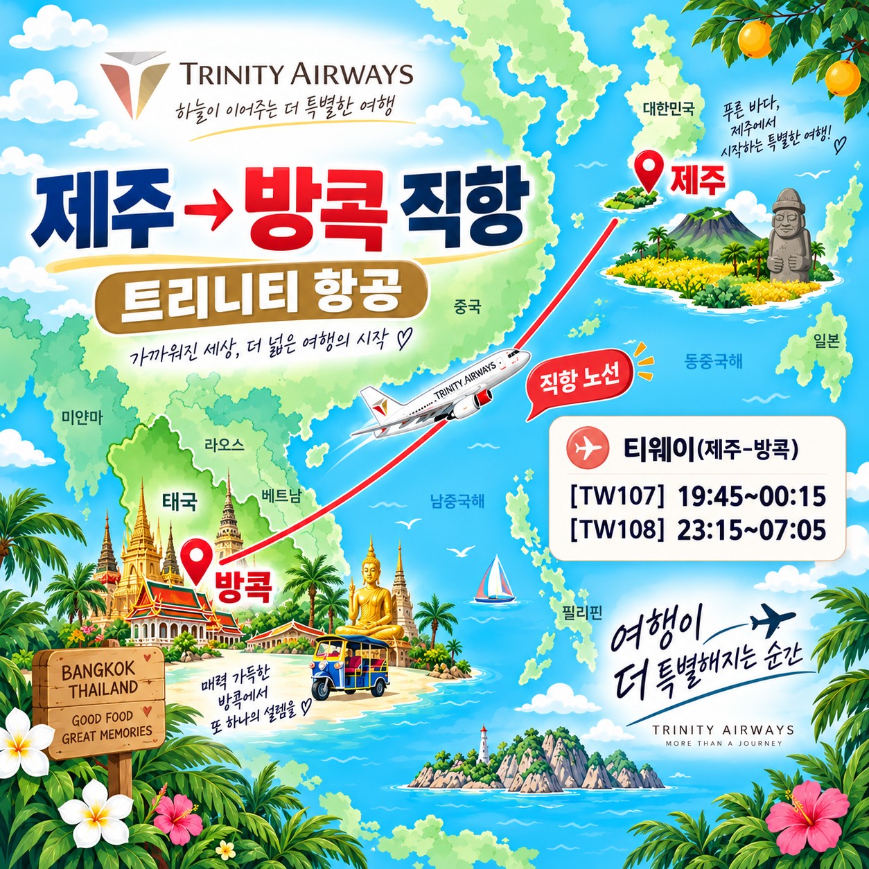 제주출발 파타야 골프여행 제주→방콕 직항 트리니티 항공 노선도(대표 예외 승인 편명 TW107/TW108)